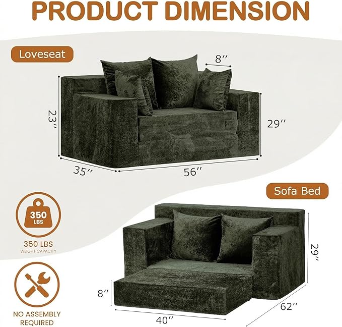Loveseat Sofa Bed, Convertible Silky Velvet 5-in-1 Foldable Boneless Sleeper
