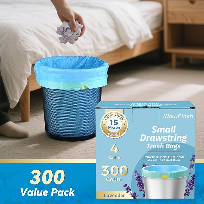 300 Count 15 Micron Extra Thick 4 Gallon Drawstring Small Trash Bags, Sturdy &