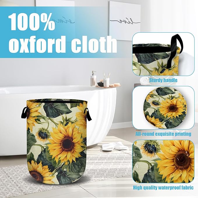 Retro Sunflower Laundry Basket, Floral Laundry Hamper Collapsible Oxford Cloth
