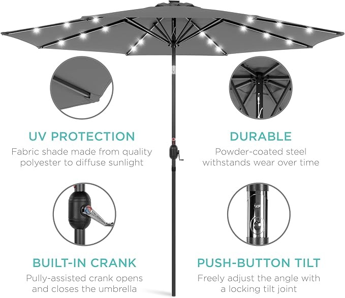 Best Choice Products 10ft Solar Polyester LED Lighted Patio Umbrella w/Tilt Adjustment and UV-Resistant Fabric
