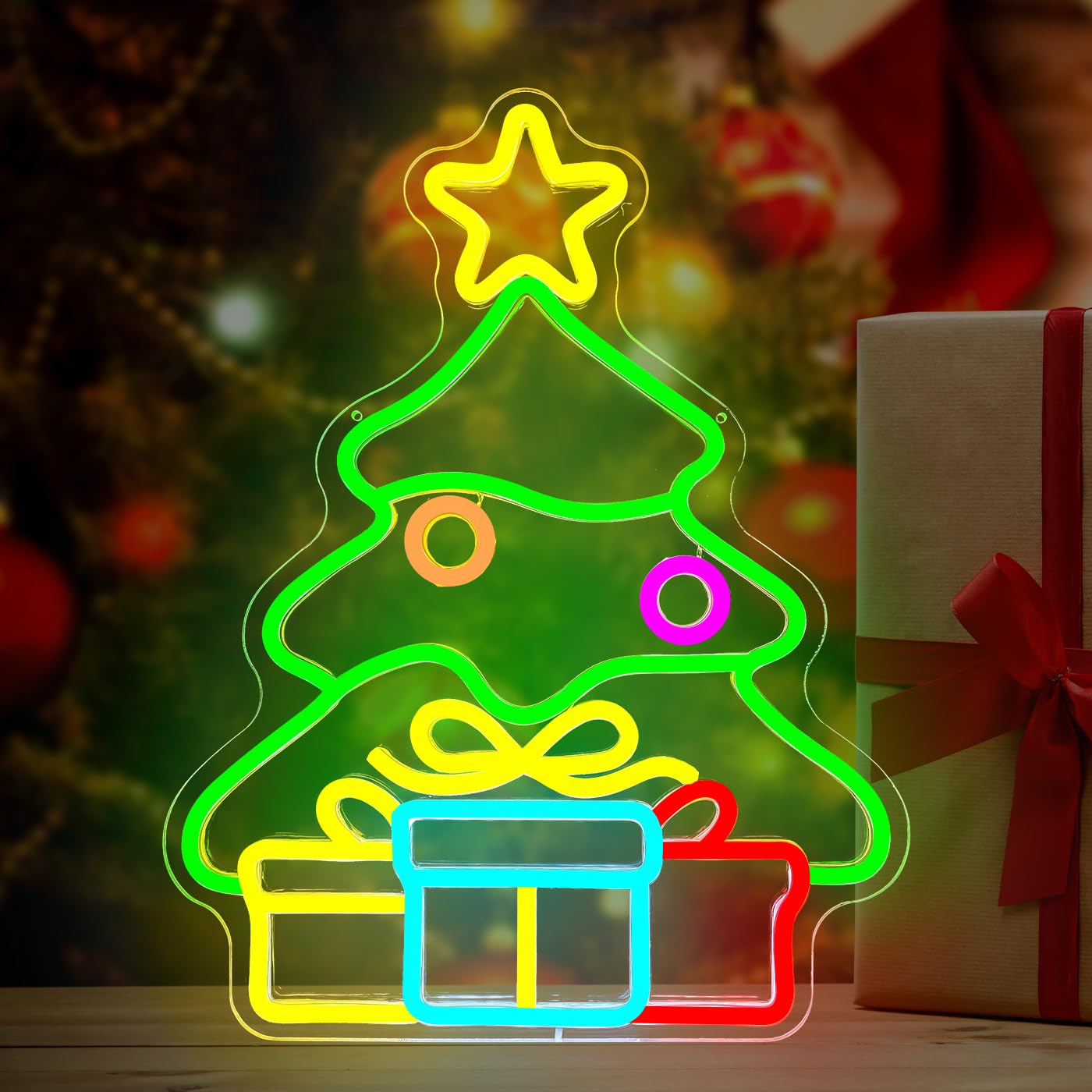 Christmas Tree Neon Sign Gift Box Xmas Neon Light Neon Christmas Decorations Dimmable Led Neon Light Up Sign for Wall Decor Party Kids Gift Winter Home