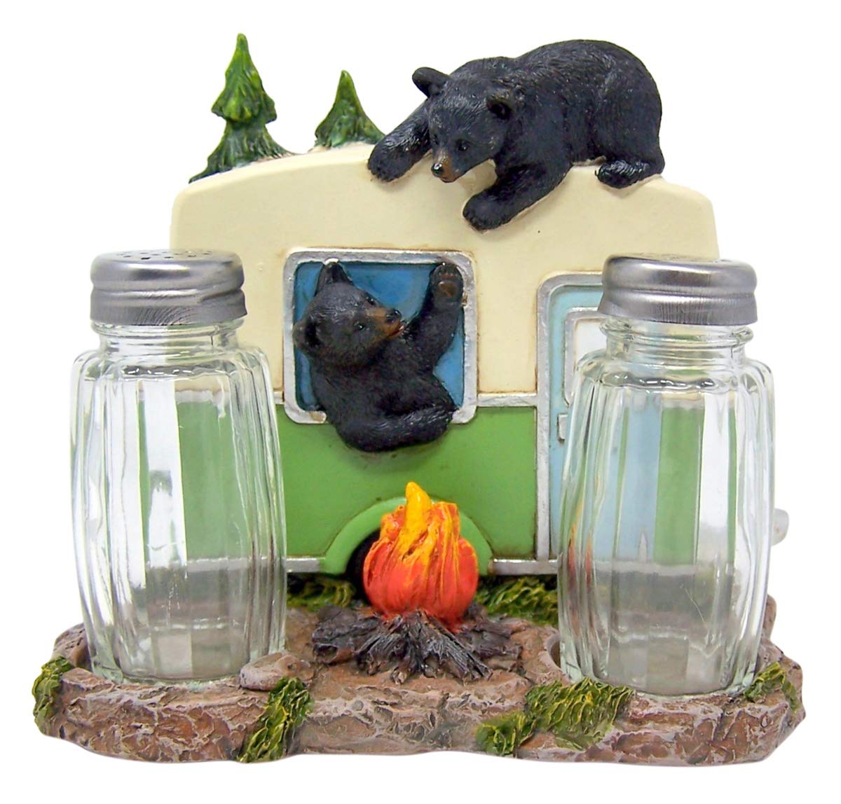 Rustic Kithcen Accessory- Black Bear in a Camper Salt and Pepper Shaker and Napkin Holder, 5 Inch (Shakers Included)