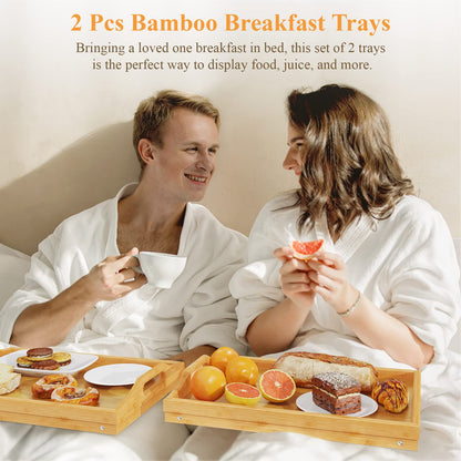 2 Pack Breakfast in Bed Tray for Eating, 16.92 x 12.6 Inch Bed Table Tray with Folding Legs & Handles, Bamboo Food Lap Trays Fits for Adult Kids Eating/TV/Surgery Recovery by Easoger. Set of 2