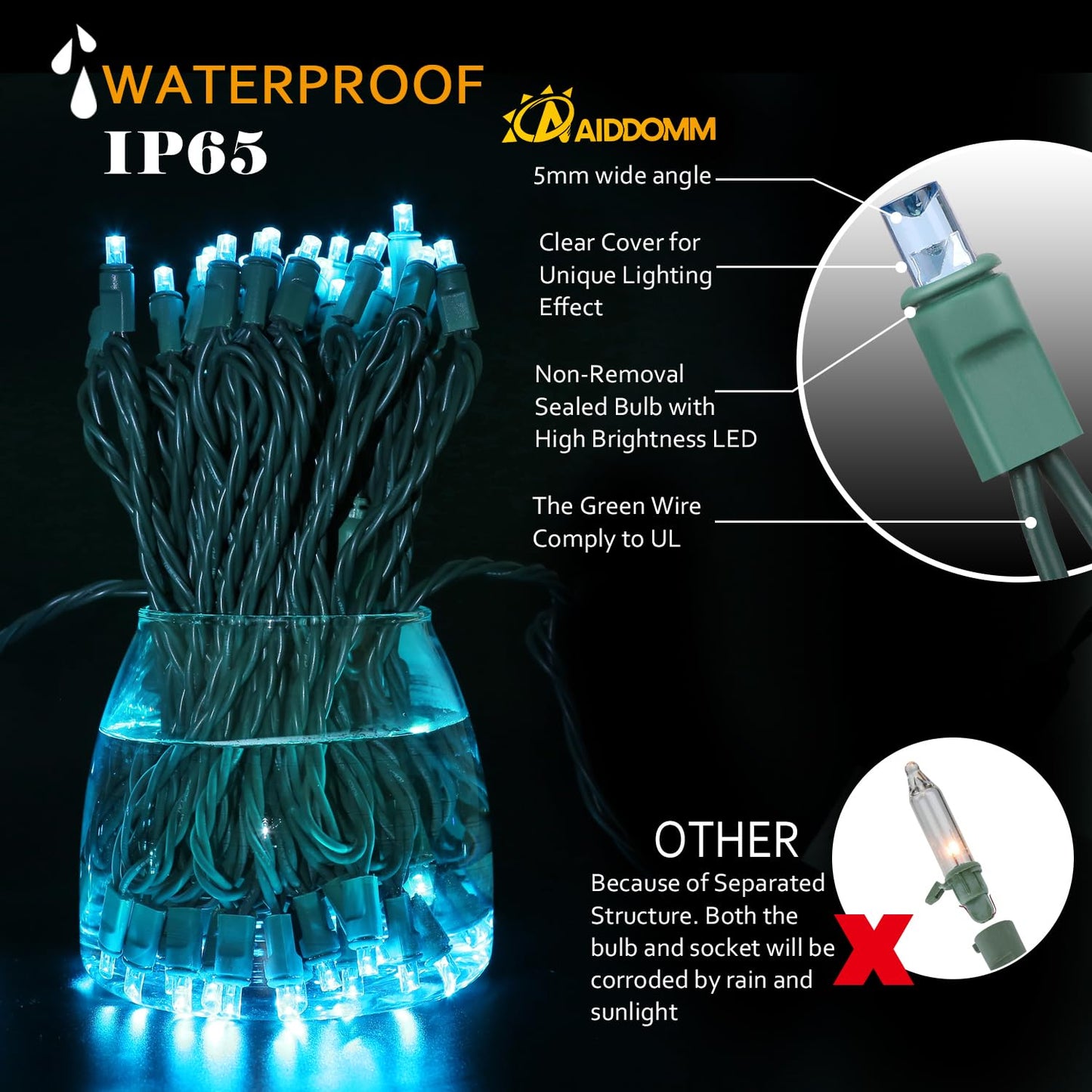 AIDDOMM 50 Counts Aqua LED Christmas Lights - 25ft 5mm String Lights Outdoor Commercial Grade Waterproof, Indoor Christmas Tree Decorations, Green Wire Mini String Lights, UL, IP:65