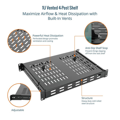 Tecmojo 1U 4-Post Vented Server Rack Mount Shelf,13.8in Deep with Adjustable Depth 13.8-23.6inch,Supports to 242 lbs,Universal Tray for 19 Inch AV/Network Equipment Rack,Black