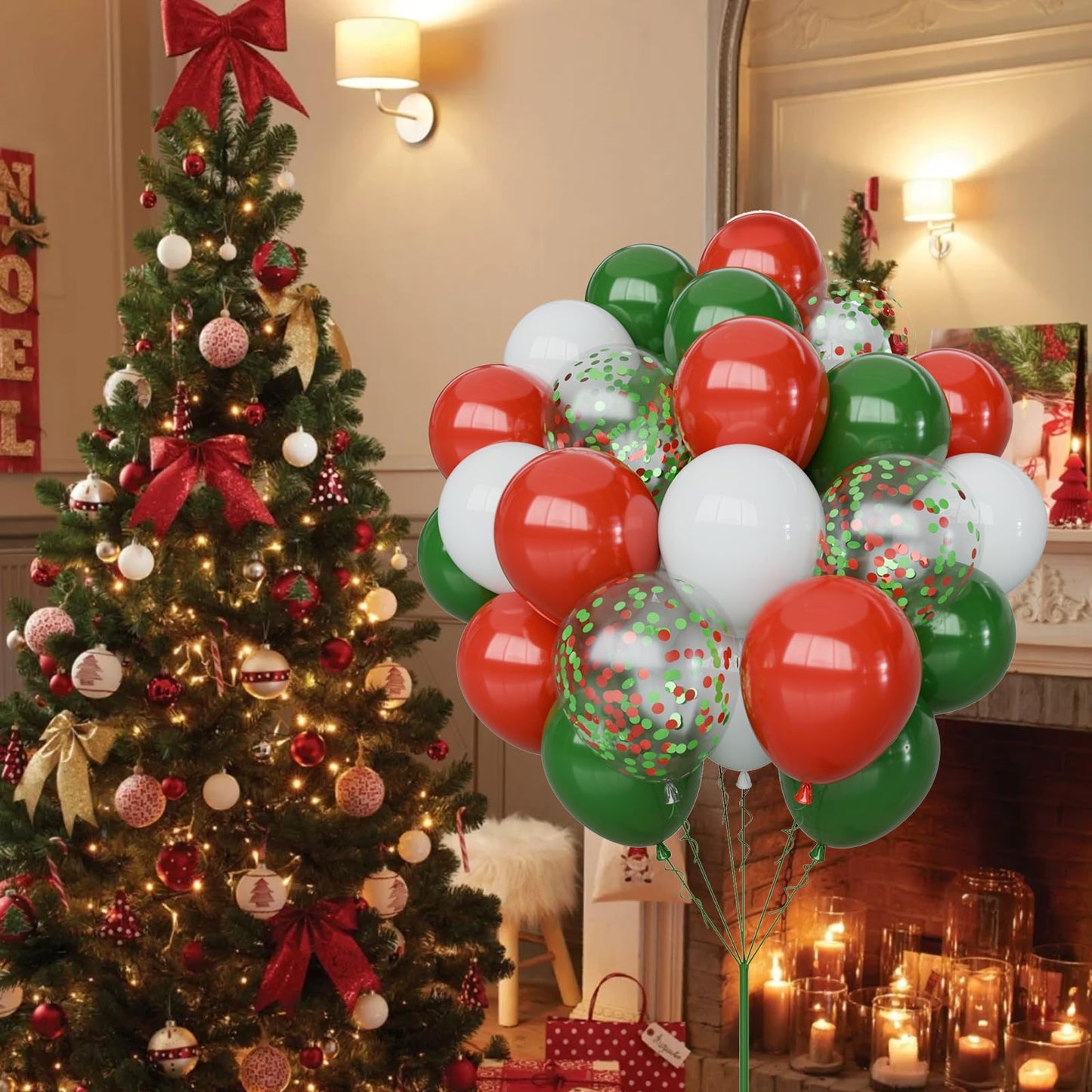 Christmas Balloons Set, 65pcs 12 Inch Red Green White Confetti Balloons, Red and Green Latex Balloons for Christmas Party Decorations