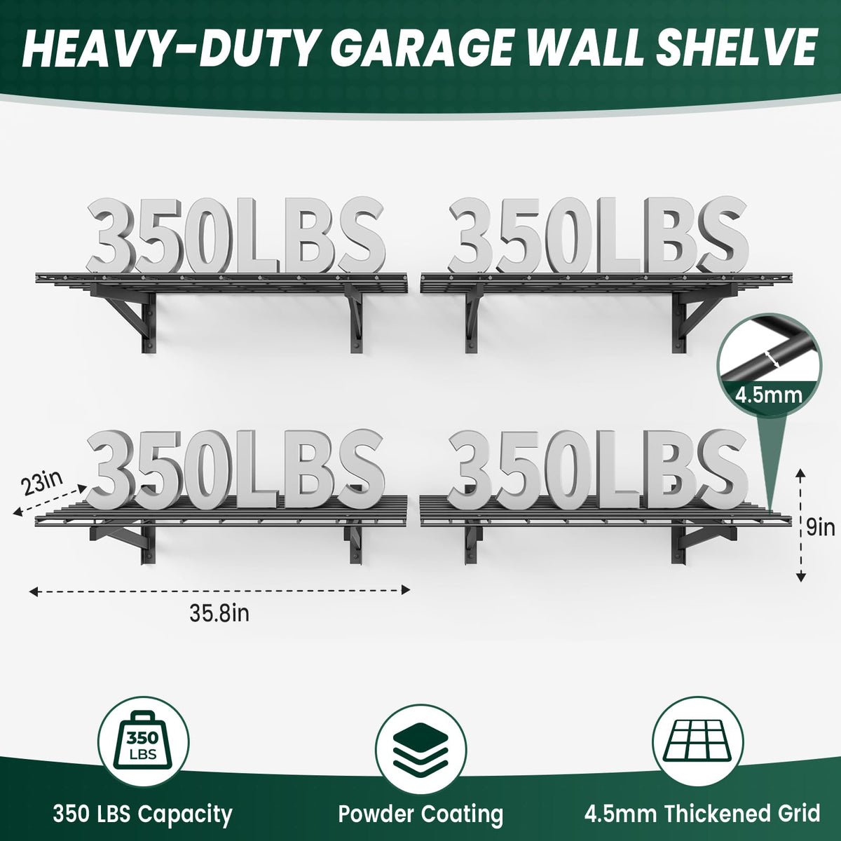 TOPIRON 4 Pack 2x3ft Garage Wall Shelves, 24x72 inch Heavy Duty Garage Shelving Wall Mounted Garage Storage Rack, 1400lbs Load Capacity Floating Metal Shelf, Black