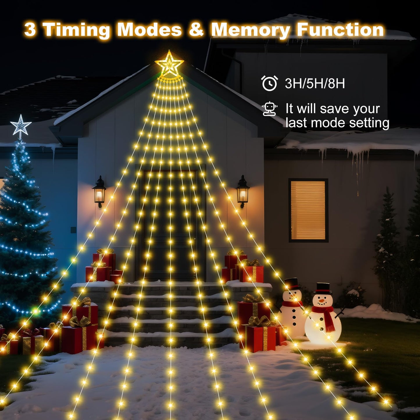 Solar Christmas Decorations Tree Lights Outdoor, 18.37ft 532LED Waterfall String Lights with 8 Modes Timer Remote Xmas Lights USB Powered for Garden Yard Patio Home Holiday Party Decor, Warm White