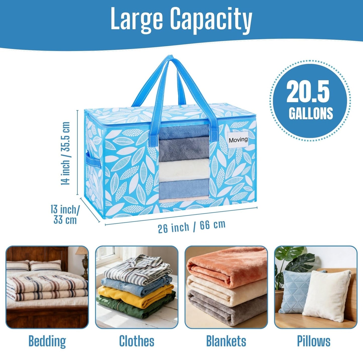 VENO 4 Pack Heavy Duty Moving Bags, Clothes and Comforter Storage Bags with Clear Window, College Dorm Essentials Packing Supplies, Foldable Boxes Alternative (Spring Breeze, 4 Pack)