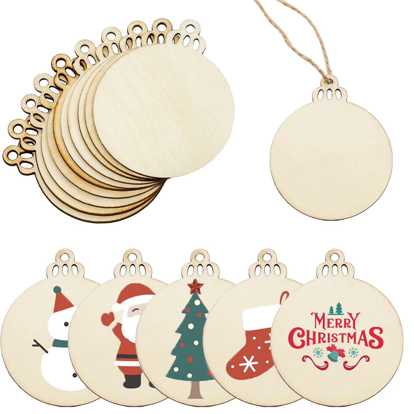 LEBERY 50Pcs Wooden Christmas Ornaments Unfinished Natural Wood Cutouts Ornament Predrilled Wooden Christmas Cutouts for Crafts to Paint DIY Centerpieces Hanging Decorations