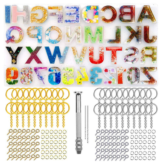 244Pcs Alphabet Silicone Resin Casting Molds Kit, Reversed Letters & Numbers Epoxy Casting Molds with Pin Vise Set for DIY Making Keychain/House Number Resin Crafts