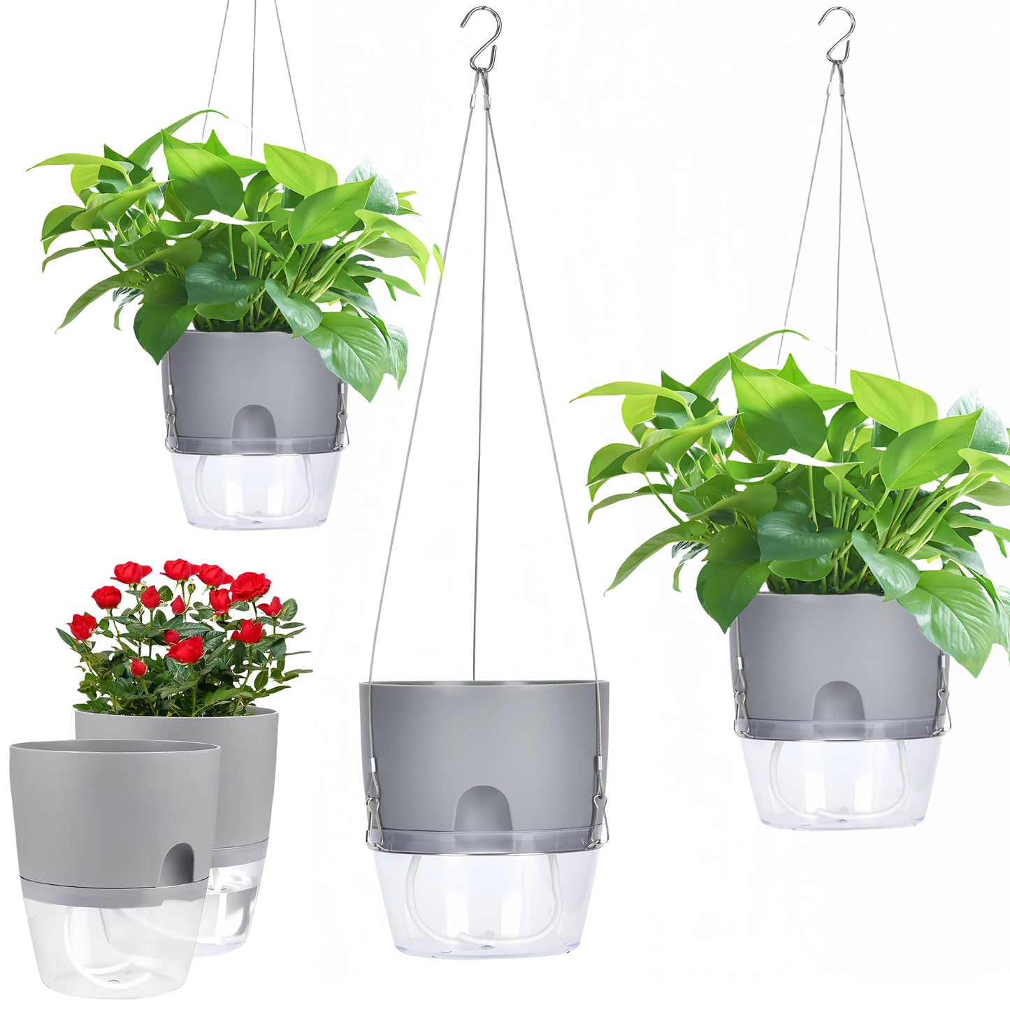 FAMZ Hanging Planter 3 Pack, Hanging Pots for Plants Indoor, 6 Inch Plant Hanger Indoor, Plant Hanger with 3 Hooks Drainage Holes for Garden Home Plant Pots (Gray)