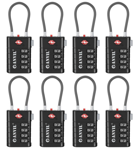 ANVIL TSA Approved Luggage Locks with Search Alert Indicator, 4-Digit Combination Suitcase Lock, Advanced TSA008 Core Heavy Duty Anti-Theft Travel Lock for Double Zippers, Backpacks (8, Black)