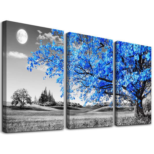 Wall Art For Living Room black and white Blue tree moon Canvas Wall Decor for Home artwork Painting 12" x 16" 3 Pieces Canvas Print For bedroom Decor Modern Salon kitchen office Hang a picture