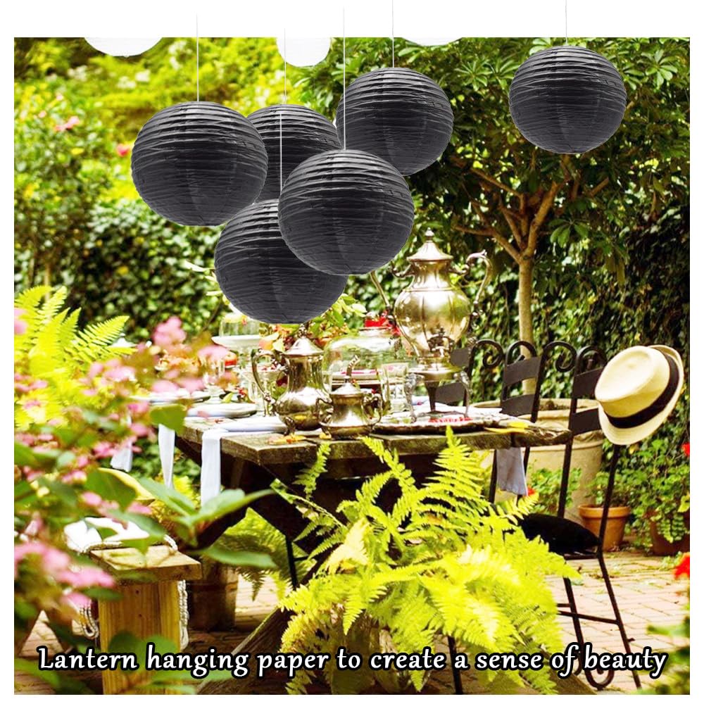 Ruidee 6Pcs Paper Lanterns Decorative Round Hanging Paper Lanterns for Birthday, Wedding, Christmas Xmas, Bridal, Home Decor, Party Decoration（12in/Black）