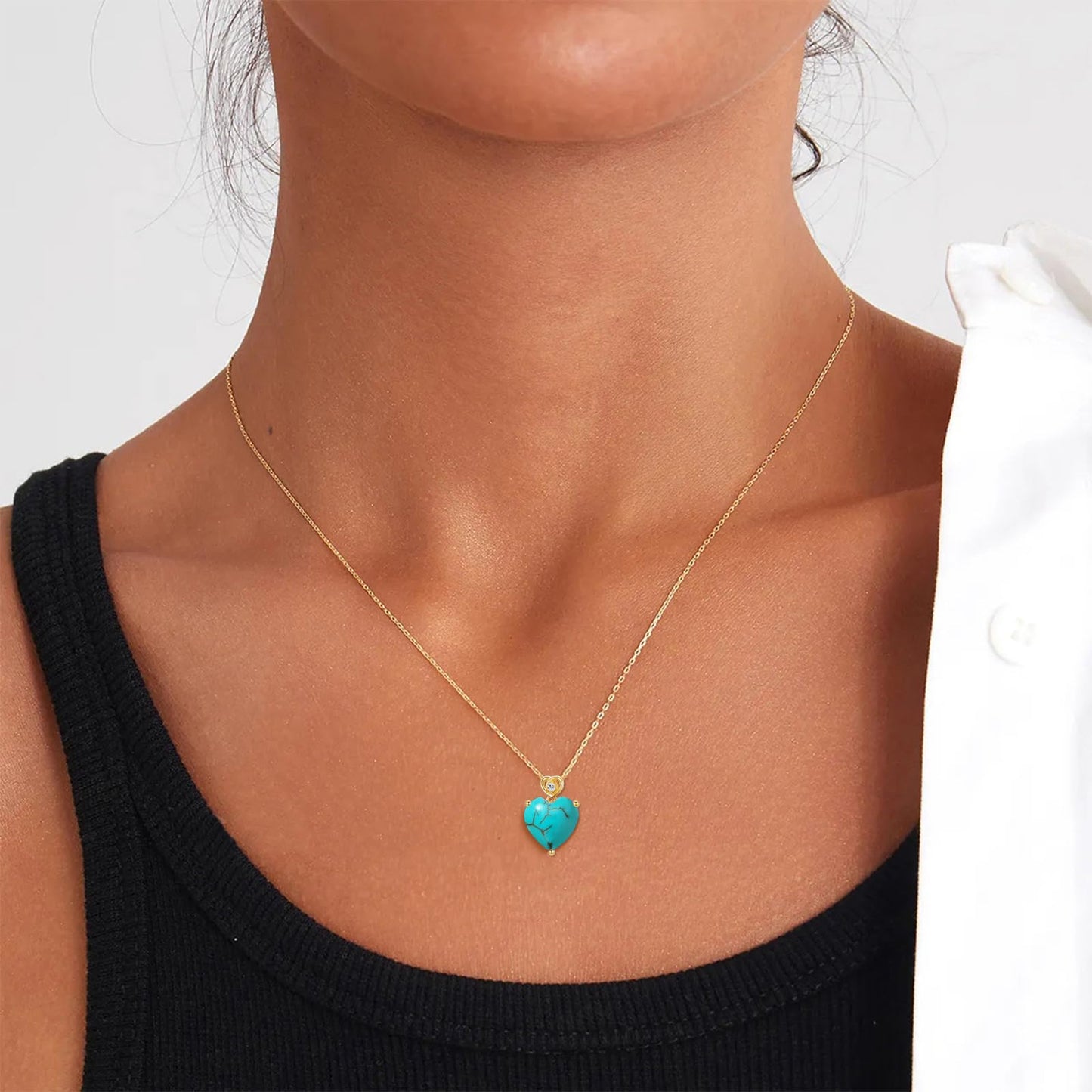 NFYBD 14k Gold Love Heart Turquoise Birthstone Pendant Necklace for Women 3 Carat Heart-cut Created Gemstone Anniversary Birthday Mother's Day Necklaces for Her 16+1+1 inch