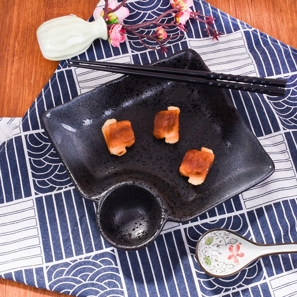 LMRLCS Ceramic Dumpling Plates Set of 2-7.4 Inch Divided Serving Trays with Sauce Compartment - Japanese Style Sushi Plates for Appetizers & Side Dishes, Microwave & Dishwasher Safe, Black & White