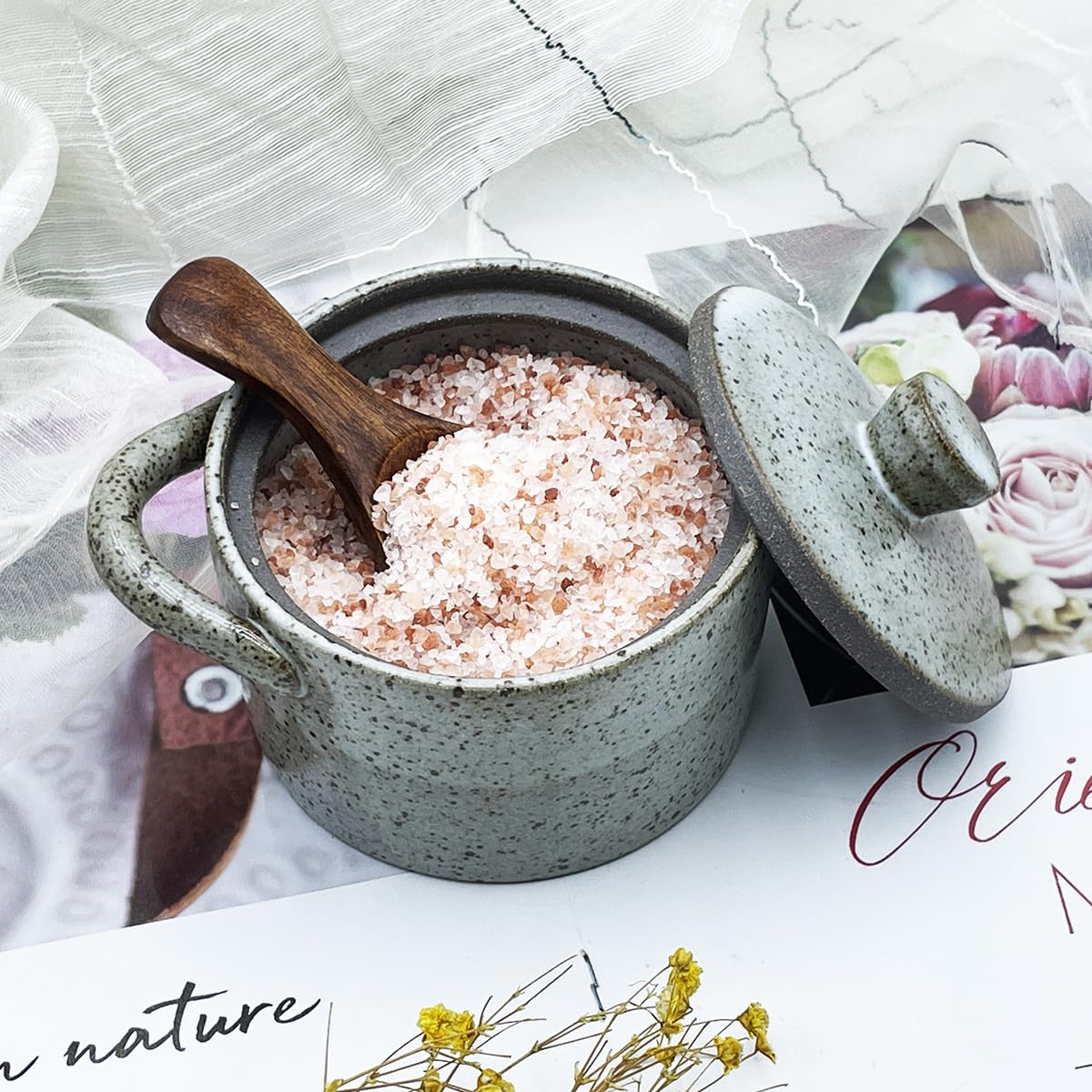 YILUSHENGHUA 8 oz Ceramic Salt Cellar with Lid & Wooden Spoon,Countertop Salt Container,Sugar Bowl,Spices Jar| Artisan Kitchen Decor(Gray)