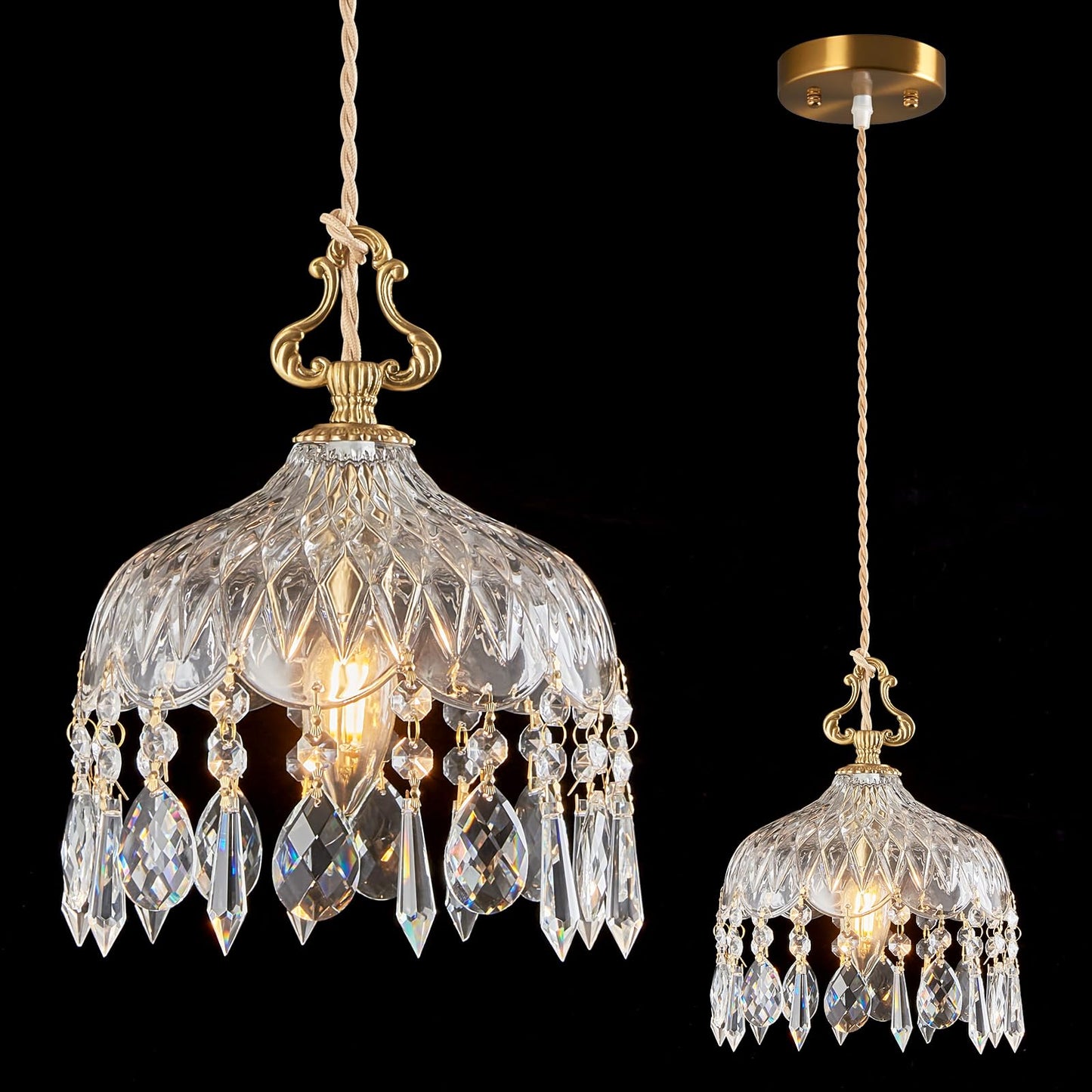 JXJYHL Brass Vintage Glass Pendant Light Crystal Hanging Light Fixtures,Adjustable Height Single Head Pendant Lights for Dining Room Living Room Bedroom Hallway(1-Pack)
