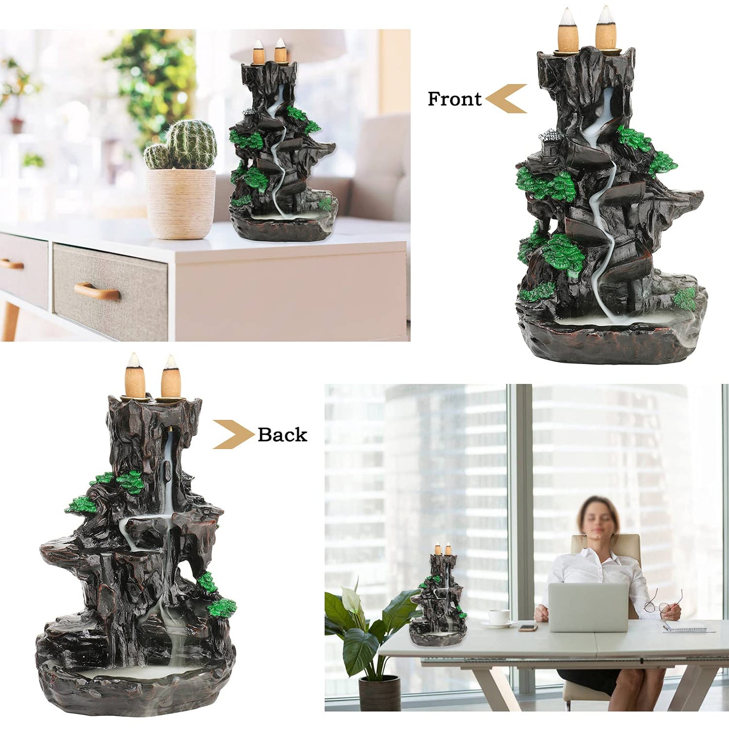 Jueison Dual Sided Mountain Backflow Incense Burner Resin Waterfall Incense Holders Cone Stick Holder with 120 Incense Cones + 30 Incense Sticks + 1 Mat + 1 Tweezers for Home Office Decor Gift