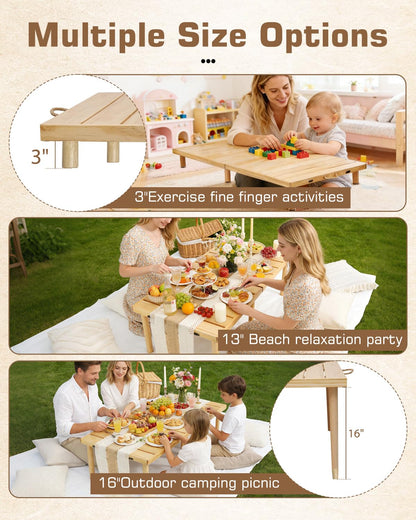 Gereat 48" X 24" Boho Low Picnic Table, Portable Wooden Picnic Table with 3 Adjustable Heights, Natural Pine Wood Floor Table for Camping, Weddings, Beach & Family Gatherings, Seating for 2-4 People