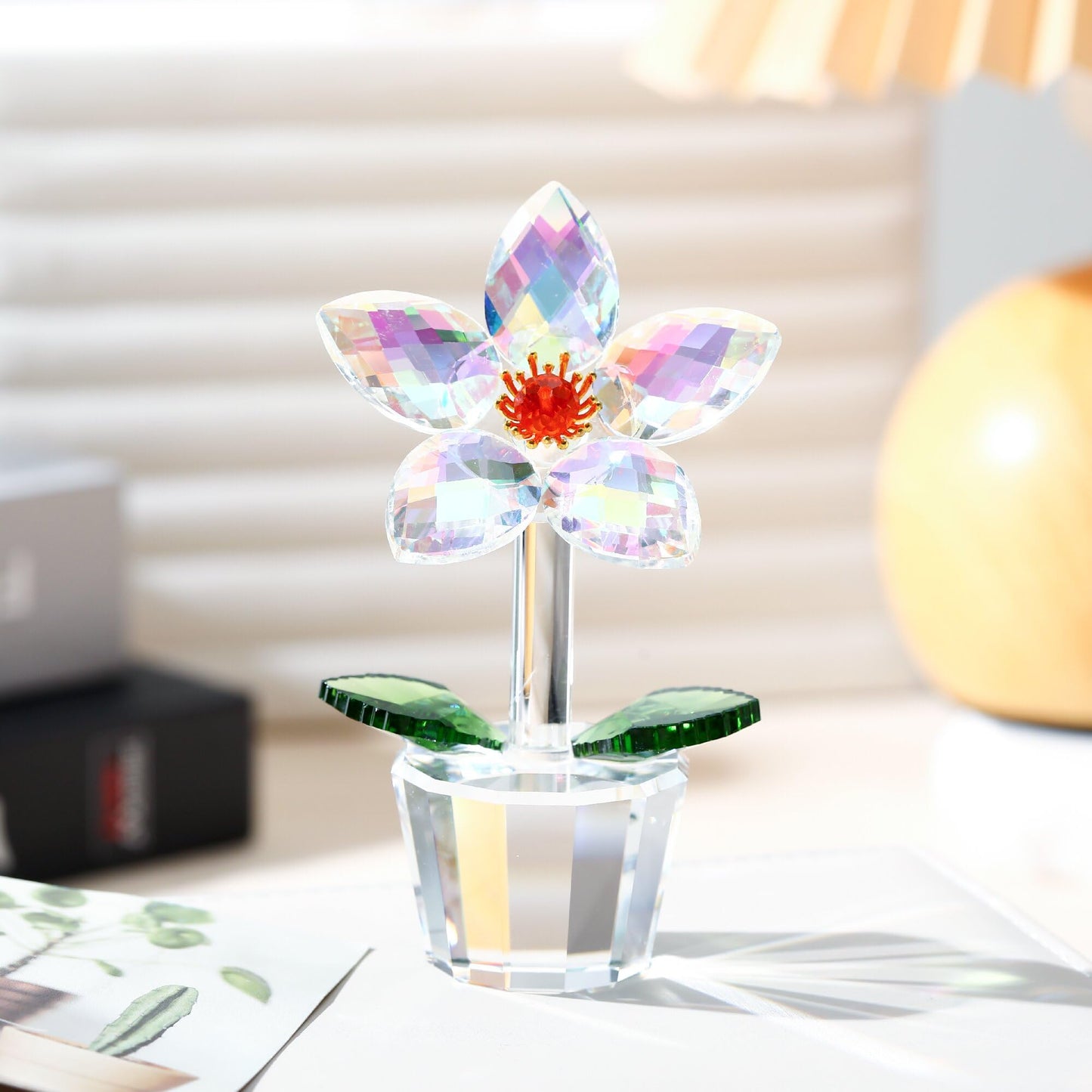 DLXK K9 Crystal Flower Figurine, Crystal Bloom Ornament with Hand-Polished Details, Mini Sparkling Decor for Home Tabletop Shelf, Ideal Festival Gift