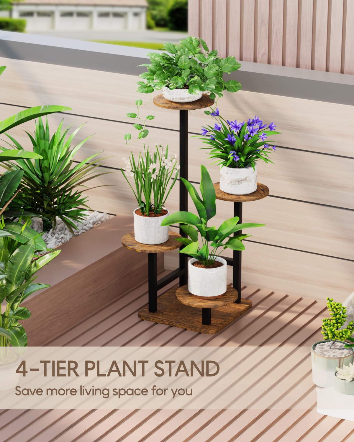 Homsorout Plant Stand Indoor - 4 Tiered Indoor Plant Stand, Metal Plant Shelf Plant Holder, Ideal for Living Room, Garden, Patio, Balcony (Black Brown)