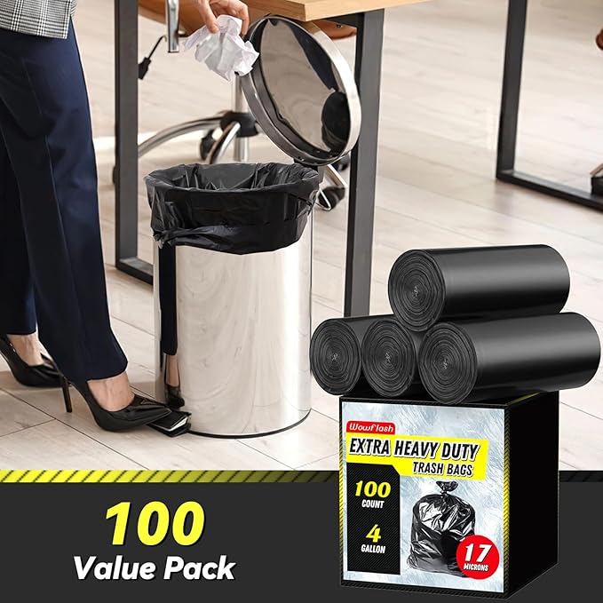 100 Count 17 Micron Extra Heavy Duty 4 Gallon Trash Bags, Sturdy &