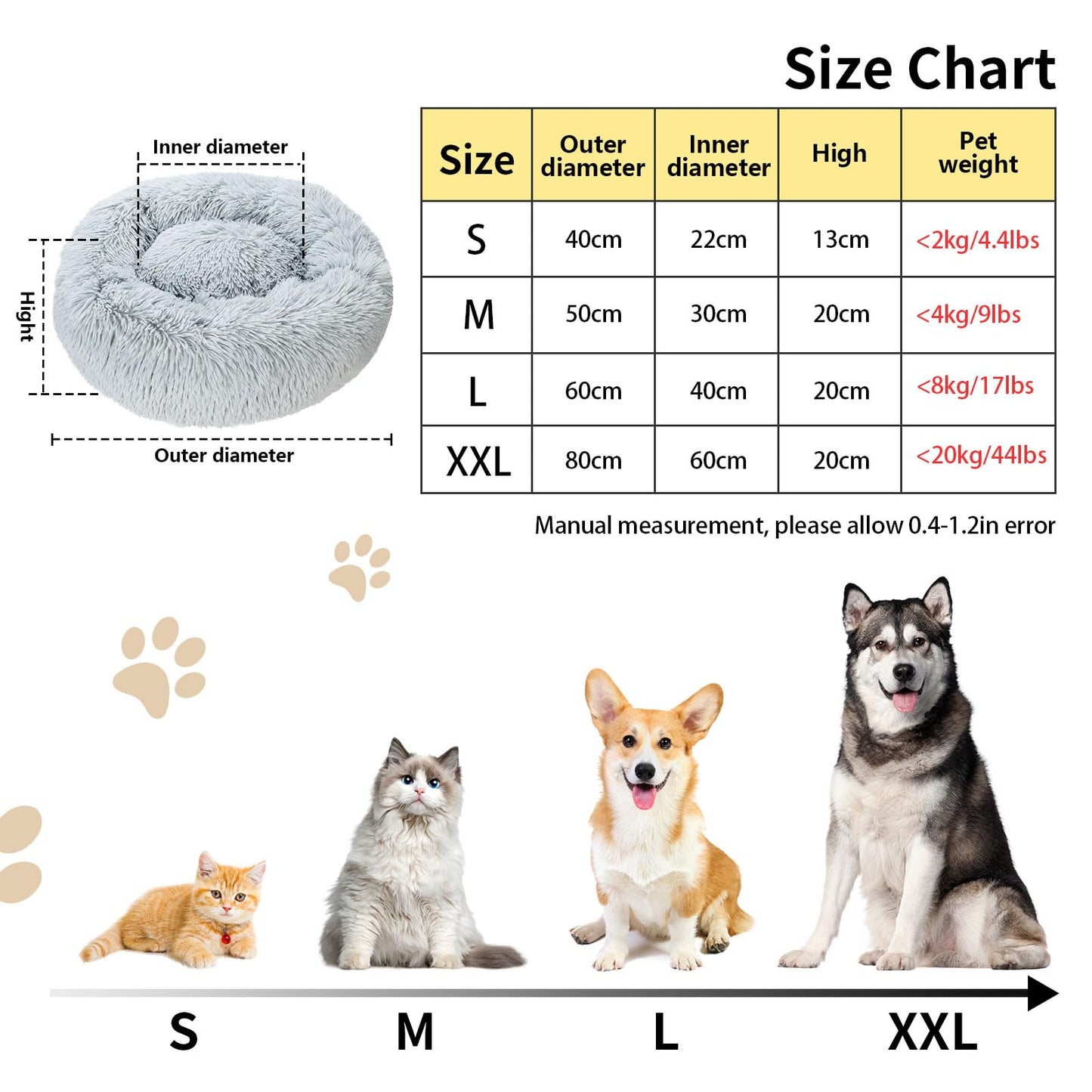 TOHDNC Cat Dog Bed Round 50 cm, Calming Fluffy Plush Cat Bed Anti Anxiety Cozy Donut Pet Bed Cuddler with Non-Slip Bottom Small Medium Dogs and Cats