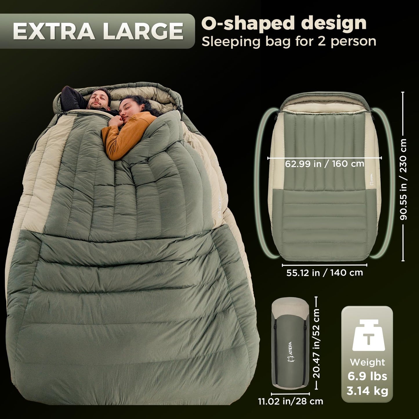 ATEPA Double Down Sleeping Bag, 23°F ISO Rated Cold Weather Sleeping Bags for Couples & Family, 700FP RDS Down Fill XXL Winter Camping Sleeping Bag for Car Camping, RV & Overlanding