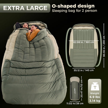ATEPA Double Down Sleeping Bag, 23°F ISO Rated Cold Weather Sleeping Bags for Couples & Family, 700FP RDS Down Fill XXL Winter Camping Sleeping Bag for Car Camping, RV & Overlanding