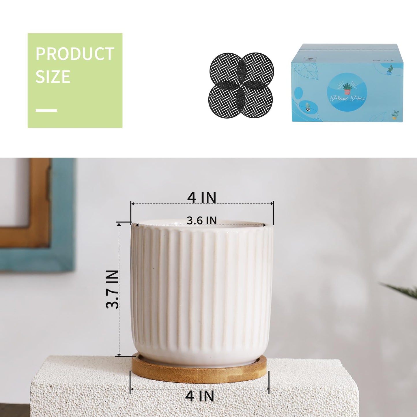 BABALIU 4 Inch Ceramic Plant Pots with Drainage Holes and Trays, Cylinder Vertical Stripes Small Flower Planter Pot with Bamboo Saucers for Indoor Plants, Succulent, Snake Plants, Cactus, Set of 4