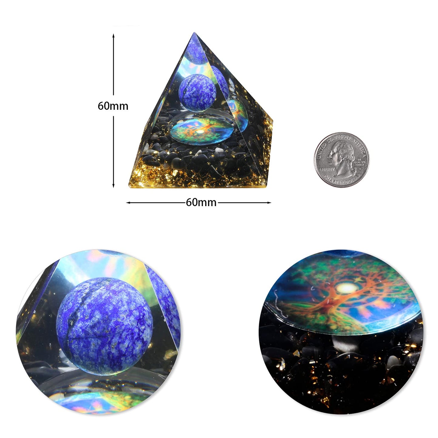 mookaitedecor Lapis Lazuli Crystal Sphere Orgone Pyramid with Obsidian Tumbled Stones and Tree of Life Symbol Orgonite Energy Generator for Protection Meditation Home Decor