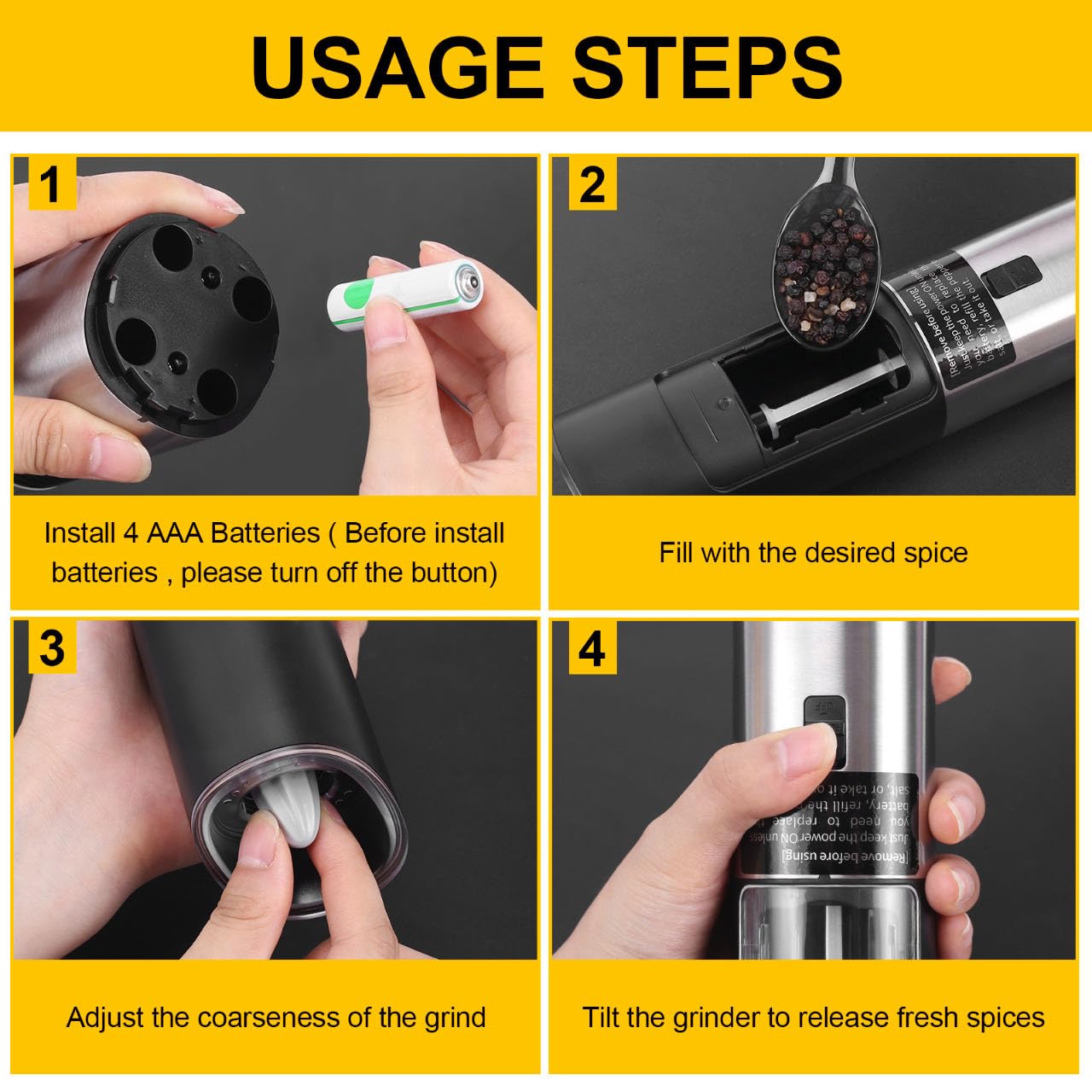 Asdmuchin Gravity Electric Salt and Pepper Grinder Set with Adjustable Coarseness, Large Capacity, Stainless Steel, Portable, Not Easily Knocked Over, Kitchen Utensils Gadgets for Dining Home Gift