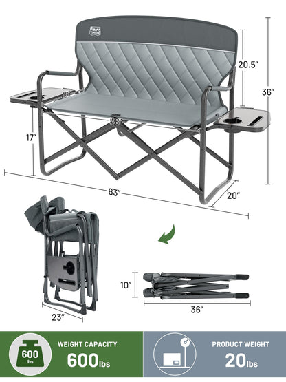 Timber Ridge Double Camping Chair Portable Loveseat, Heavy Duty Folding Camp Couch 2 Person Director Chairs with Cup Holder for Outdoor Lawn Tailgates Picnic Sports Soccer Games Supports 600 lbs Grey