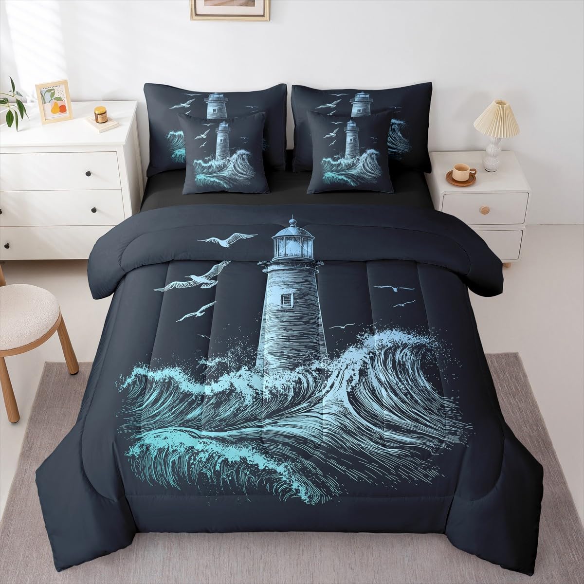 Erosebridal Boys Nautical Comforter Set Men Lighthouse Bed in A Bag Full Size 7 Pieces Ocean Wave Bed Set Surfing Coastal Bedding