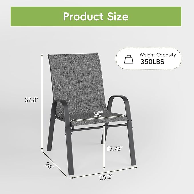 Patio Chairs Set of 4, Stackable Outdoor Dining Chairs for All Weather, Metal Modern Outside Furniture Chair for Pool Side, Garden, Backyard Deck, Dark Grey