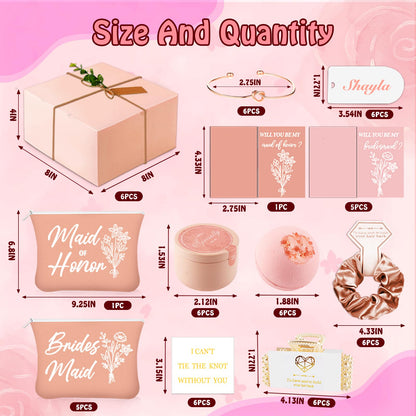 73pcs Bridesmaid Gifts Set Of 6 Pink，Maid of Honor Proposal Box Gift,Scented Candle Salt Ball Makeup Bag Rectangular Hair Clip Bridesmaids Scrunchies Knot Bracelet Bridal Shower Wedding Party