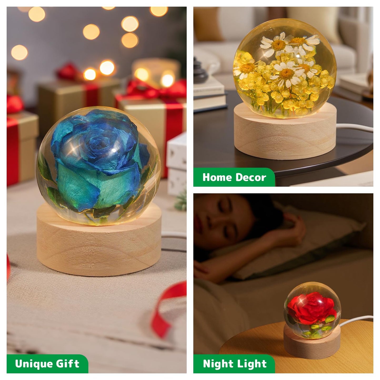 QNCMBUG Blue Rose Crystal Ball Night Light - Real Rose Encased in Glowing Resin Ball, USB-Powered Desk Lamp with Wood Base, Unique Gift for Valentine's Day, Mother's Day & Home Decor