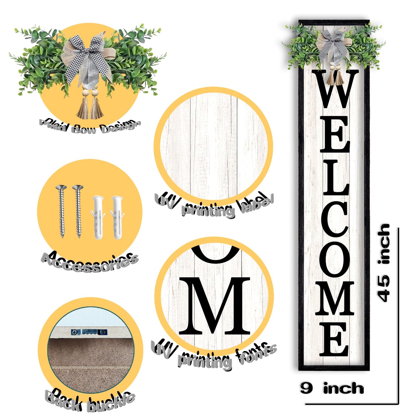 LuZhiQiang Front Porch for Welcome Standing Sign 45"X9" Vertical Tall Long Leaner Outdoor Front Door Wood Framed Decor (Black)