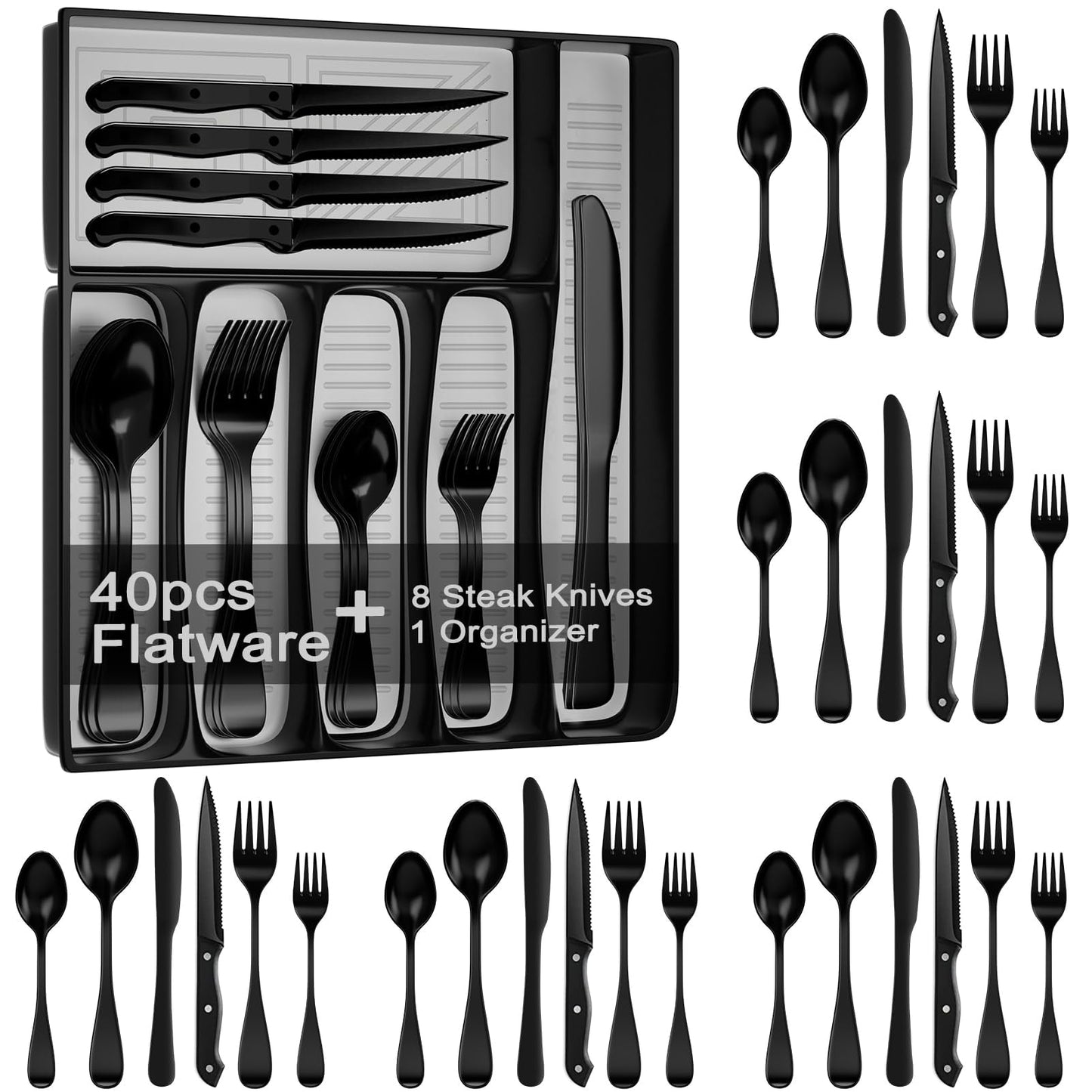 49-Piece Stainless Steel Silverware Set with Cutlery Organizer, Service for 8 with Steak Knives and Kitchen Utensils