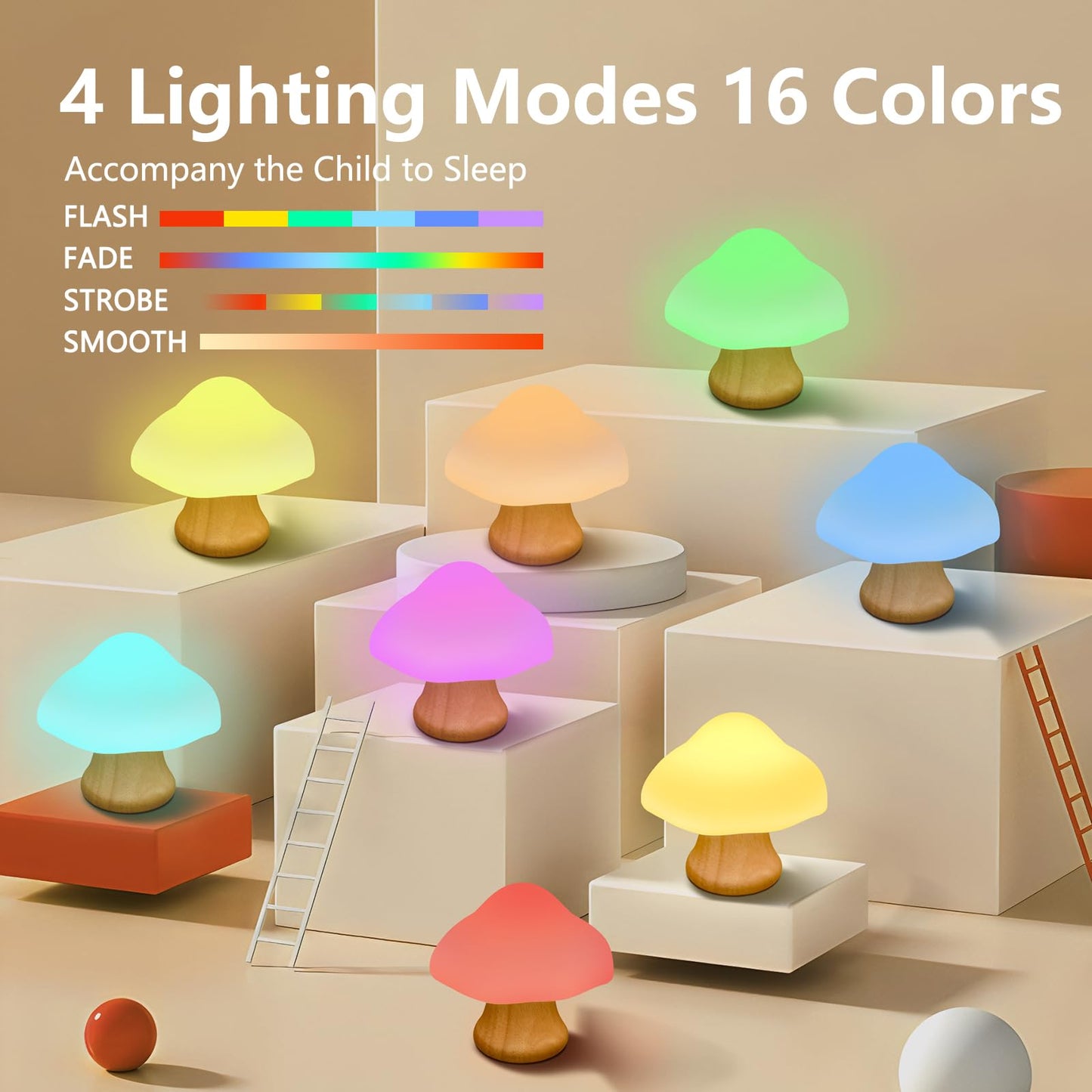 ANGTUO Wooden Mushroom Lamp, 16 Color Changing Mushroom Night Light with Two Remote Controls
