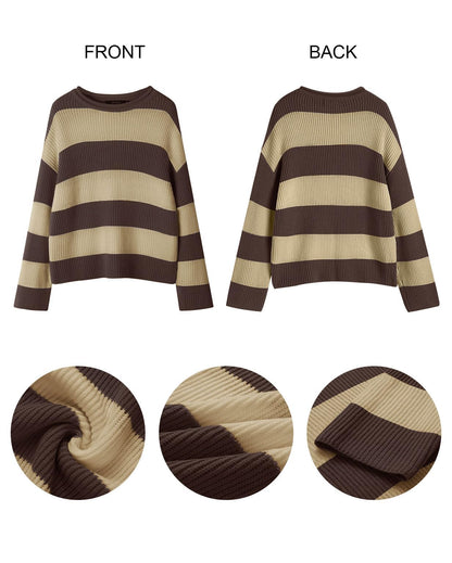 ZESICA Women's 2025 Fall Long Sleeve Oversized Striped Color Block Comfy Loose Crew Neck Knitted Pullover Sweater
