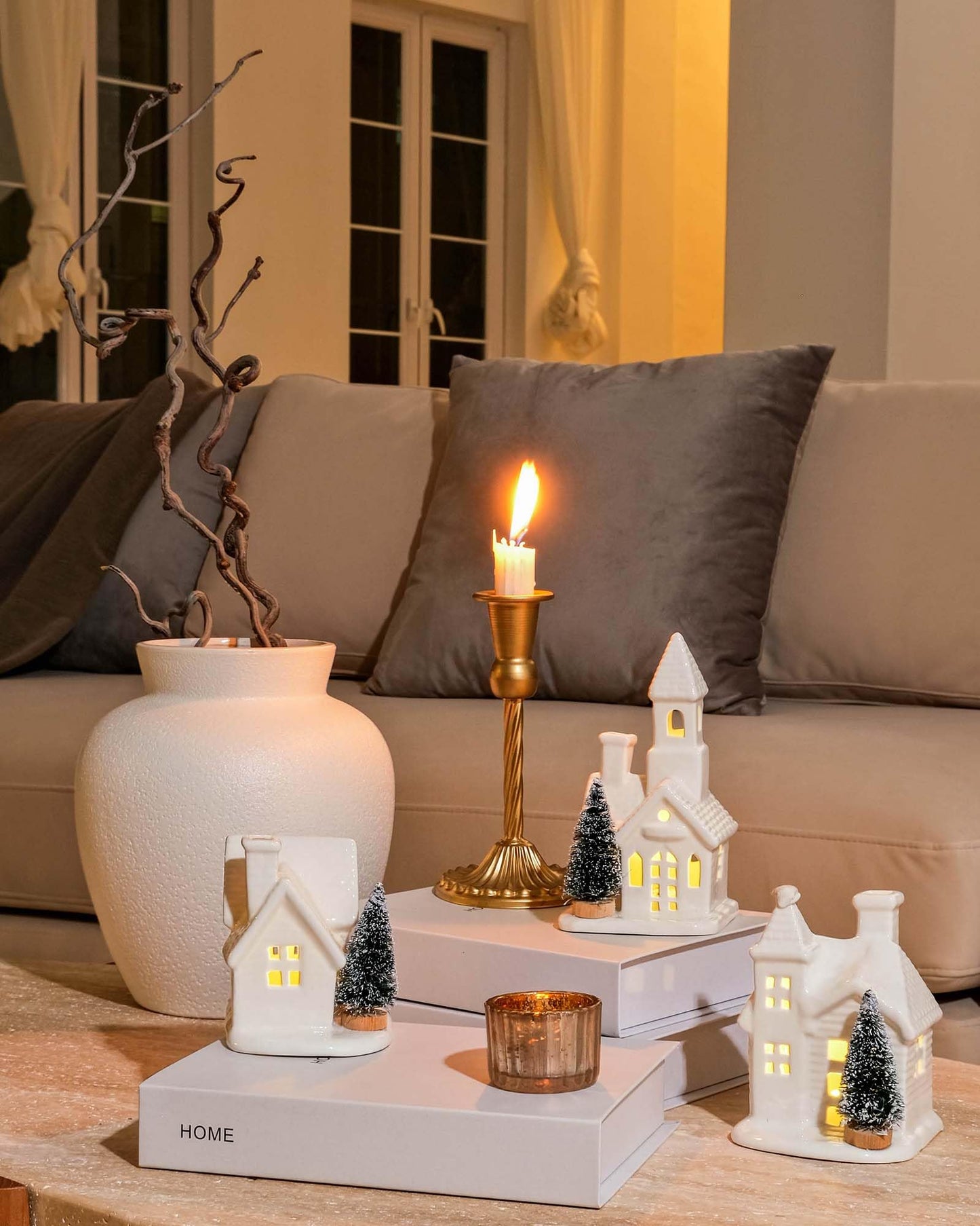 DN DECONATION Light up Christmas Decor Ceramic Village Houses, 3Pcs White Christmas Porcelain Villages with Frosted Trees, Holiday House Figurines Xmas Village Sets for Winter Table Decoration Indoor