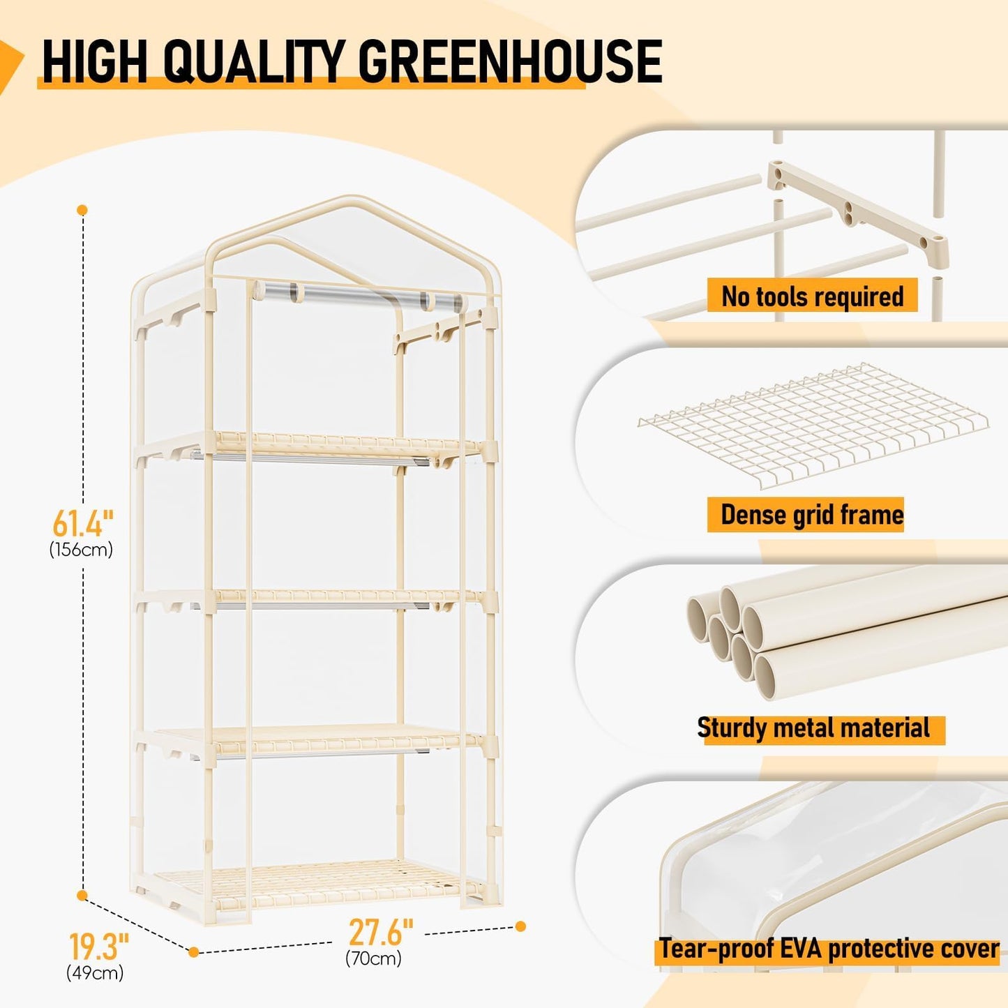 SPECILITE Indoor Greenhouse with Grow Lights - Adjustable 4 Tiers 27.6"L×19.3"W×61.4"H Mini Greenhouse with Zip PVC Cover and 45W Plant Light, Portable Green House with Timer for Winter &Indoor Plants