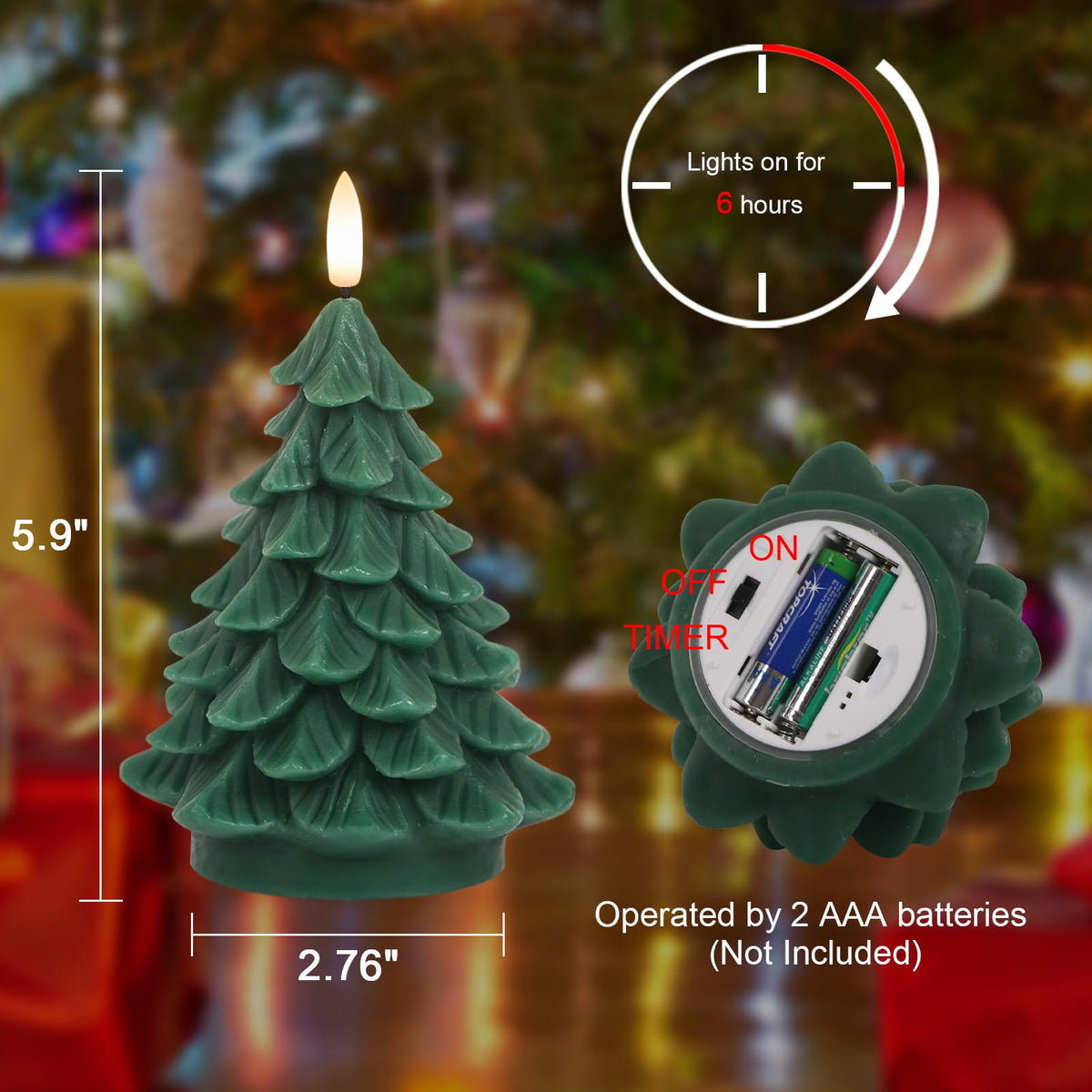 Eldnacele Christmas Tree Flameless Candle with 6 Hour Timer, Battery Operated Real Wax 3D Wick Flickering Pillar Green LED Candles Xmas Eve Holiday Decor (2Pcs,2.76"×5.9")