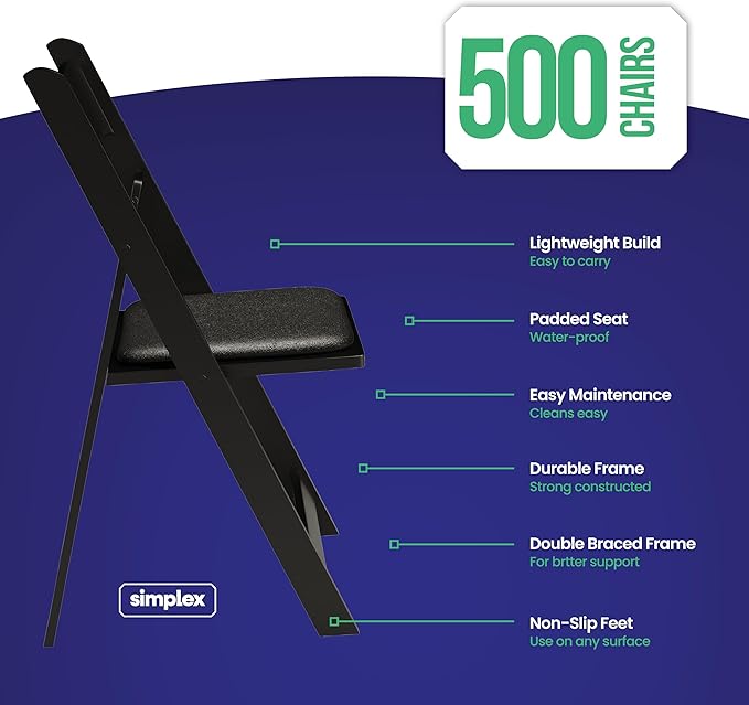 500 Black Resin Stackable Folding Chair - Comfortable Black Foldable Chair - Folding Chairs with Padded Seats - Indoor/Outdoor Folding Chairs for Events - Lightweight Foldable Chairs (500 Pack)