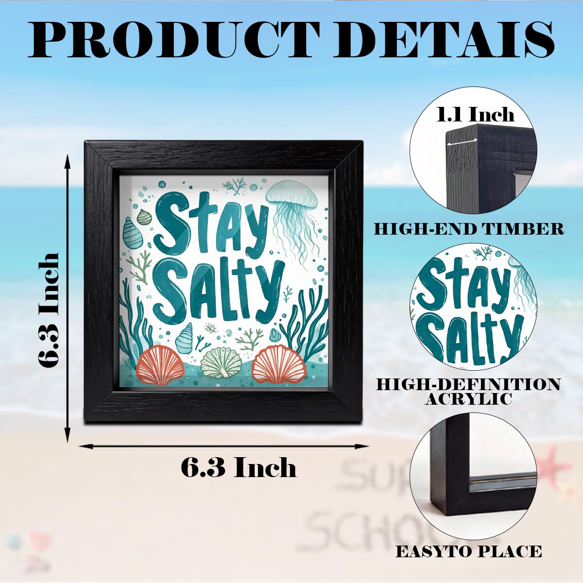 Beach Decorations for Home, Stay Salty Acrylic Sign with Wood Frame, SUmmer Beach Theme Decor for House Room Bedroom Bathroom Classroom 6.3 x 6.3 Inch