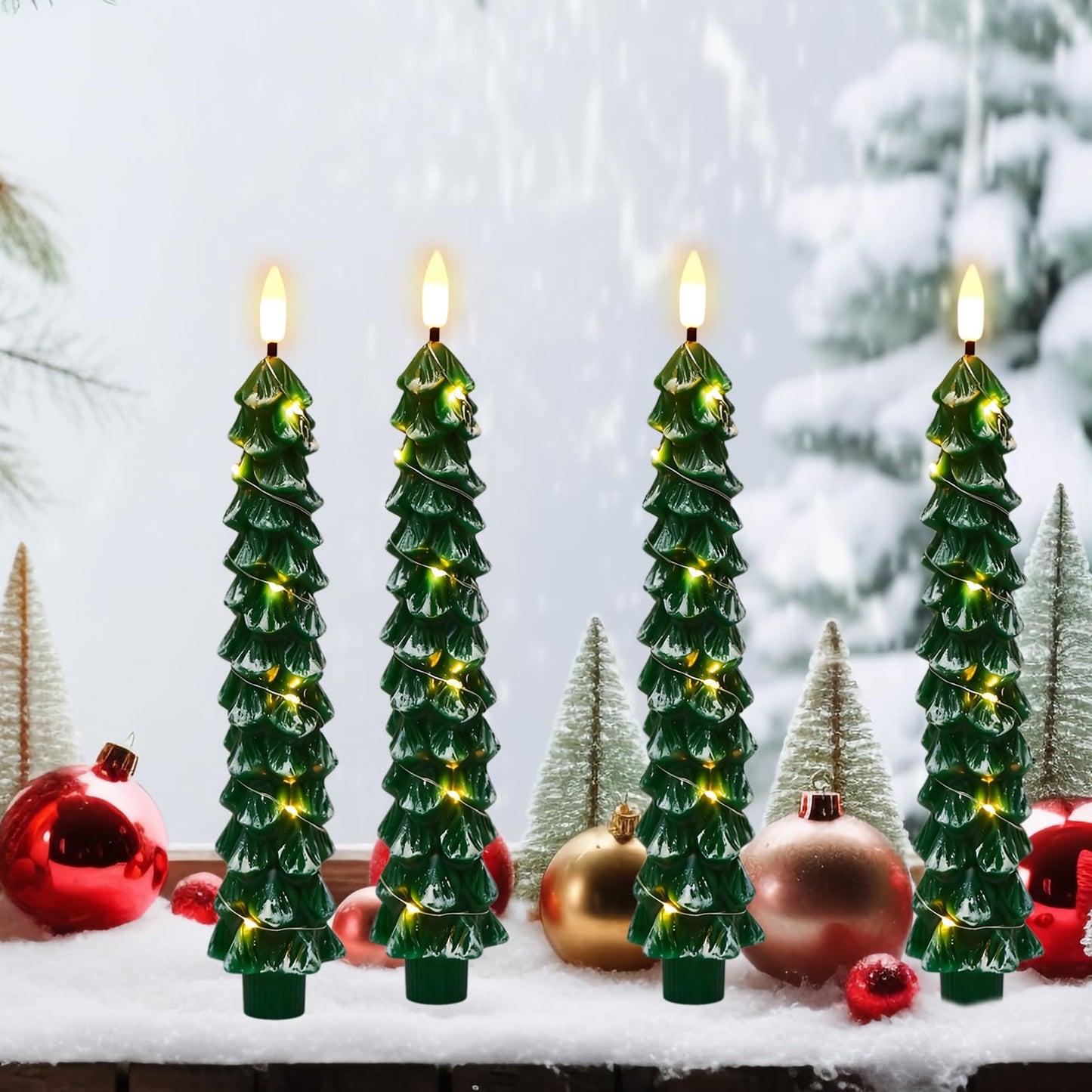 KunSwenn Christmas Tree Candles with Remote, Snowy Waxy Christmas Tree Flameless Taper Candles Battery Operated with String Lights, Set of 4 LED Tree Candlesticks for Xmas Winter Décor