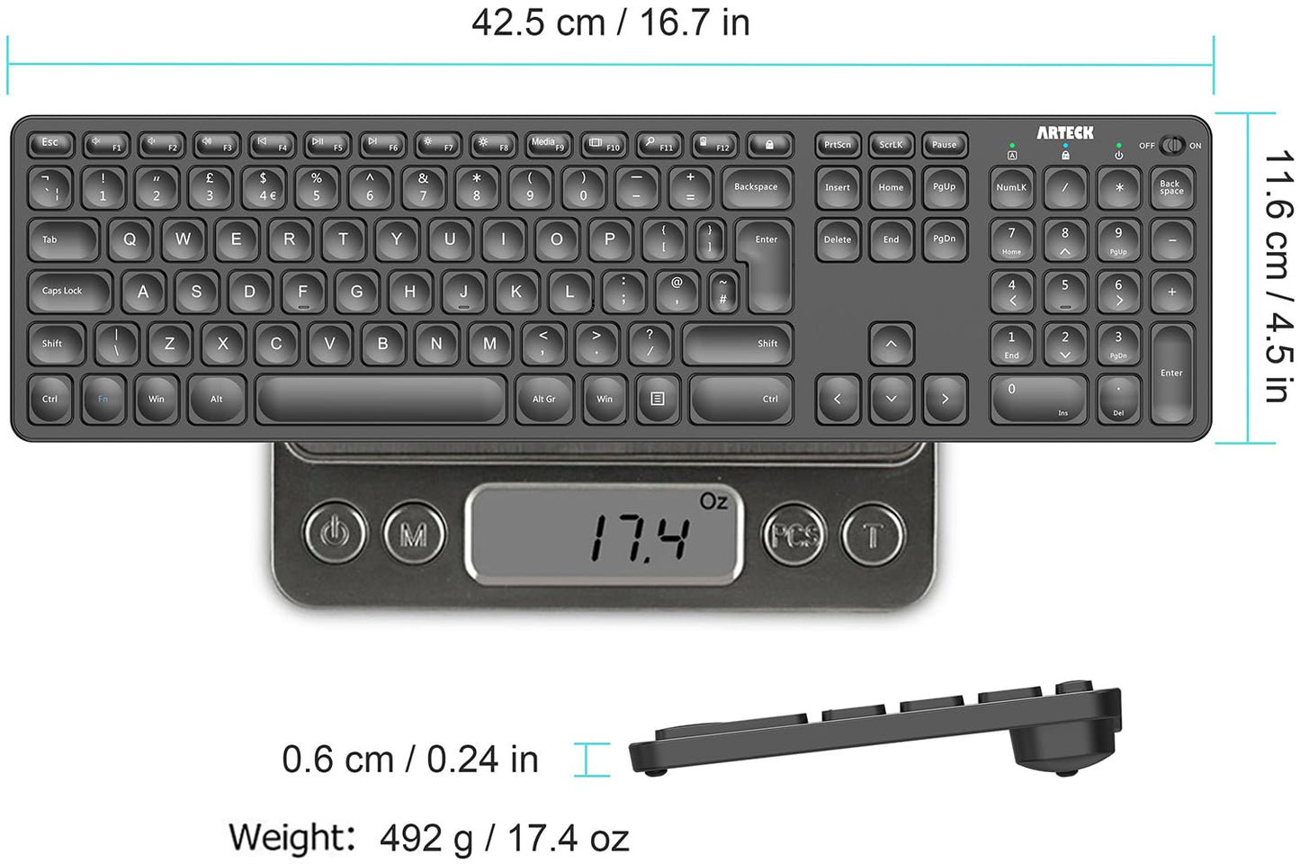 Arteck 2.4G Wireless Keyboard Ultra Slim Full Size Keyboard with Numeric Keypad and Media Hotkey for Computer/Desktop/PC/Laptop/Surface/Smart TV and Windows 10/8/ 7 Built-in Rechargeable Battery